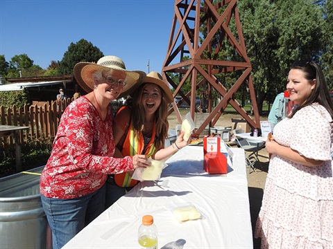 Museum volunteer and staff member selling cotton candy at Harvest festival