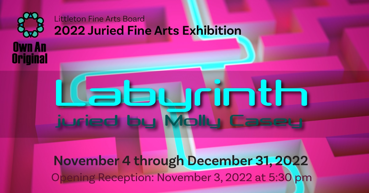 Image of a pink labyrinth with exhibit title and dates