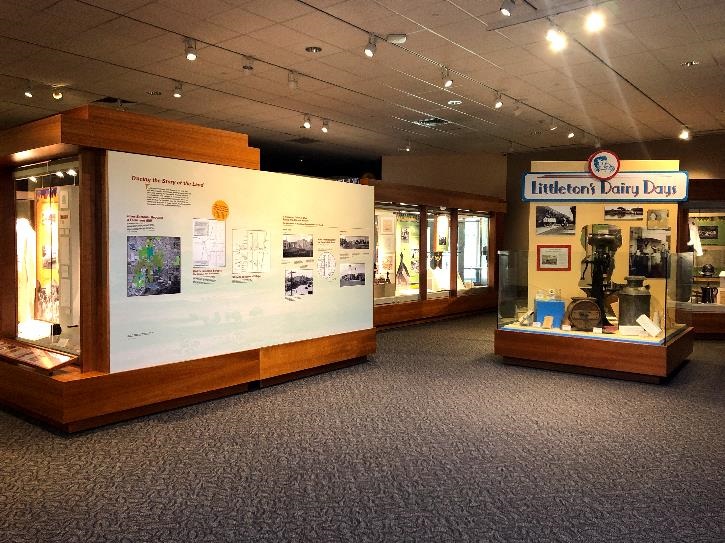 Image of the Littleton Museum's permanent gallery with objects in exhibit cases