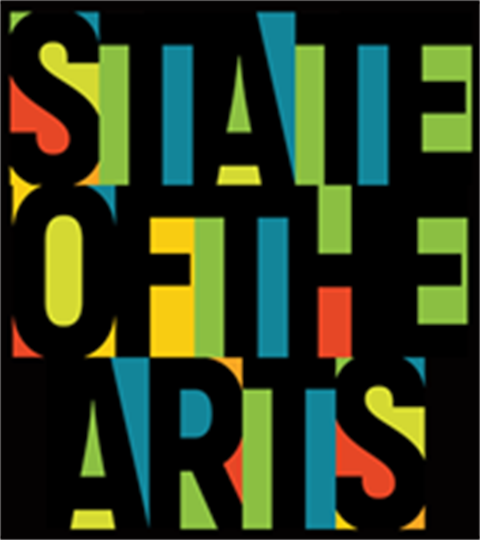 Square shaped State of the Arts logo in black block text with red, yellow, green, and blue background