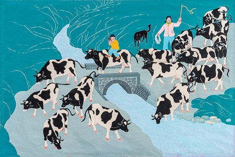 Shengtao Zhao, Harvesting Sugar Cane in the North, 1985-1991, tempera on paper