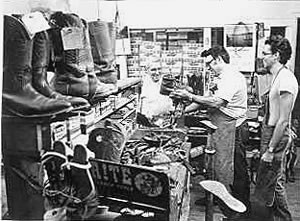 Left to right: Veto, Tony and Stephen LaRocco at work at Veto's Shoe Repair and Western Wear, 2449 W. Main Street, c.1979. Veto began the family business in 1929.