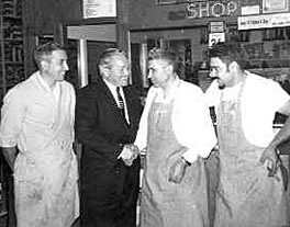 Left to right: Veto Pischiotta and an unidentified shoemaker, both from New York; Veto and Tony LaRocco. The unidentified man won the $64,000 Question television show and was hired by Built Right Rubber Heels Co. to make a goodwill tour of the country. Pischiotta was a cousin of the LaRoccos and was also a shoemaker. Photo c.1960s.